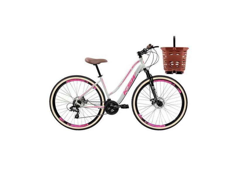 Bicicleta aro 29 Feminina KSW Retro C Cesta 21V Freio Disco, Branco, R