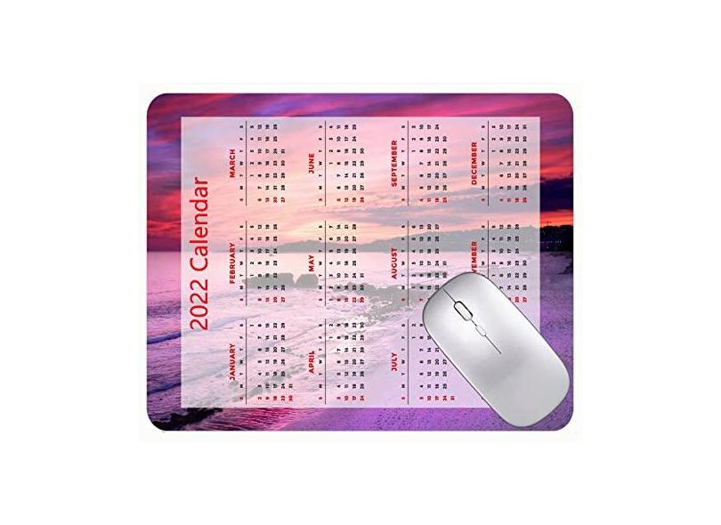 Mouse pad com calendário 2022 com feriados, praia, mar, pôr do sol, cidade