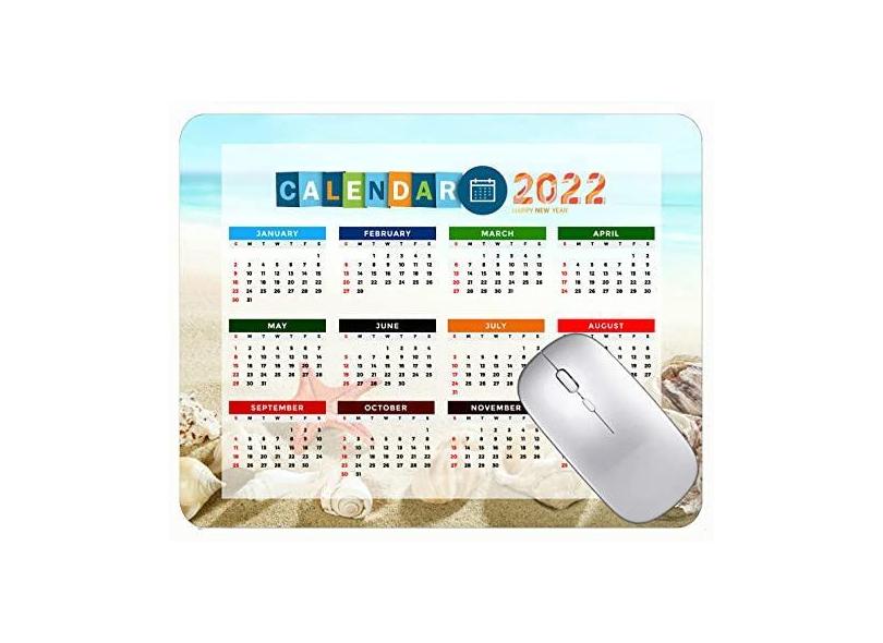 Mouse pad com calendário 2022 com bordas costuradas, preto, para jogos, praia, paraíso tropical, escritório, mouse pad