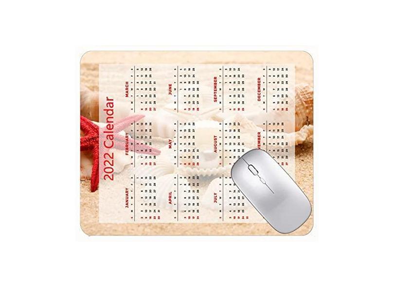 Mouse pad para jogos com calendário 2022, tapete de rato para jogos, estrela-do-mar, praia, pérola, com bordas costuradas