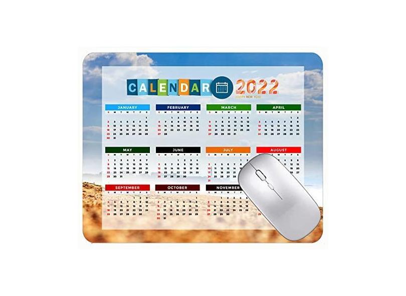 Mouse pad calendário 2022 com bordas costuradas, tapete preto para jogos, praia, mar, rochas, ondas