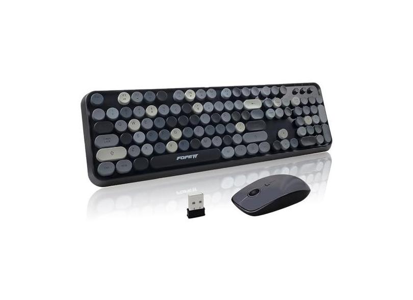 FOPETT Combo de teclado e mouse sem fio – teclado retrô colorido fofo de 2,4 G com teclas redondas, teclado de máquina de escrever de 104 teclas para laptop/Windows/PC - cinza colorido