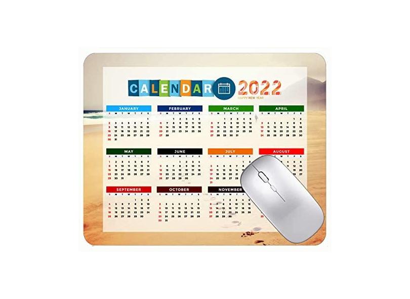 Mouse pad com calendário 2022, com feriados, casco de estrela-do-mar, areia e tapete de borracha antiderrapante