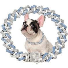 Imagem de Coleira de corrente azul para cães, elos de diamante, 15 mm de largura, correntes de metal para gatos, coleiras de cristal para animais de estimação, acessórios de joias para cães pequenos, médios e