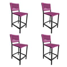 Imagem de Kit 4 Banquetas França em Corda Náutica e Base em Alumínio Preta para Área Gourmet Rosa