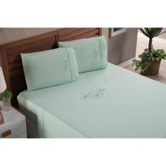 Imagem de Jogo De Cama Lençol Queen 4 Peças Bordado Verde Percal 100% Algodão