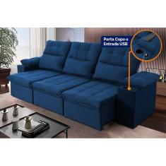 Imagem de Sofá Retrátil Reclinável Verona USB + Porta Copo 2,30m Suede Velut Azul c/ Molas no Assento - King House