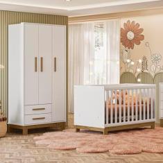 Imagem de Quarto de Bebê Qencanto Slim com Roupeiro 4340 e Berço Mini Cama 4315 Qmovi Branco Acetinado