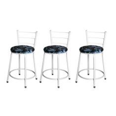 Imagem de Jogo 3 Banqueta Baixa Para Cozinha Epoxi Branca Estofado Floral - Lama