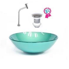 Imagem de Cuba De Vidro Redonda 35Cm Verde + Válvula Click + Torneira De Metal