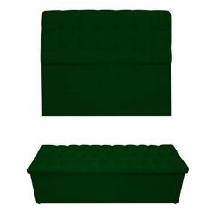 Imagem de Kit Cabeceira Estofada Mel Cama Box Queen 160 cm mais Calçadeira Baú Mel com Capitonê Suede Verde para Quarto - AM Decor
