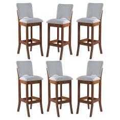 Imagem de Kit 6 Banquetas Alta Estofada Bianca 38x108Cm Madeira Linho Bege Cru L71