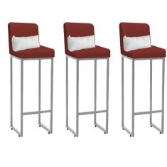 Imagem de Kit 03 Banqueta Alta com Encosto Lucca Industrial Cozinha Balcão Ferro Cinza Sintético Vermelho e Almofada Branco - Ahazzo Móveis