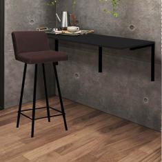 Imagem de Kit Mesa Suspensa de Parede Fixa MDF Preto + 1 Banqueta Lexi Ferro Preto Sintético Marrom - Ahazzo Móveis