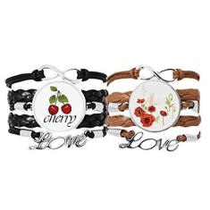 Imagem de DIYthinker Pulseira de milho com pintura de flores, pulseira de mão, corda de couro, cereja, conjunto duplo