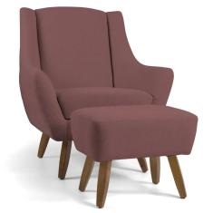 Imagem de Poltrona Decorativa com Puff Sala de Estar Pés de Madeira Naomi Veludo Rosê - Gran Belo