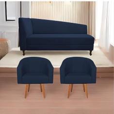 Imagem de Kit Diva Recamier Heitor 160cm Lado Direito e 02 Poltronas Luiza Suede Azul Marinho - Amarena Móveis