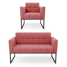 Imagem de Kit 1 Sofá Namoradeira E 1 Poltrona Elisa Suede Rosê Base Metálica Ind