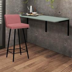 Imagem de Kit Mesa Suspensa de Parede Fixa MDF Verde Oliva + 1 Banqueta Lexi Ferro Preto Suede Rose - Ahazzo Móveis