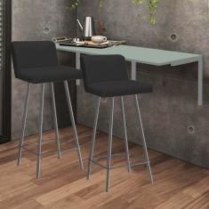 Imagem de Kit Mesa Suspensa de Parede Fixa MDF Verde Oliva + 2 Banquetas Lexi Ferro Cinza Sintético Preto - Ahazzo Móveis