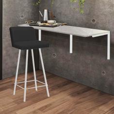 Imagem de Kit Mesa Suspensa de Parede Fixa MDF Marmorizado + 1 Banqueta Lexi Ferro Branco Corino Preto - Ahazzo Móveis