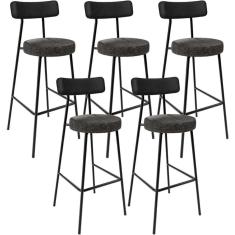 Imagem de Kit 05 Banquetas Alta Bar Cozinha Sala De Jantar Milão L02 Couríssimo Preto Linho Chumbo