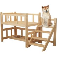 Imagem de Cama para cães Cama grande para animais de estimação de 2 camadas Cama elevada para cães Estrutura de cama para cães de madeira com escadas + guarda-corpo Móveis internos elevados para anima