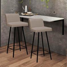 Imagem de Kit Mesa Suspensa de Parede Fixa MDF Marmorizado + 2 Banquetas Lexi Ferro Preto Sintético Bege - Ahazzo Móveis