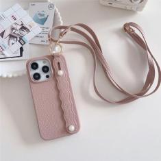 Imagem de Capa de telefone com alça de pulso de couro crossbody para iphone 15 14 plus 13 12 11 pro max capa de outono, carne rosa, para iphone 14