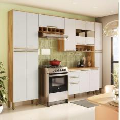 Imagem de Cozinha Modulada Completa 5 Peças 13 Portas 2 Gavetas com Tampo e Vidro Reflecta 100% Mdf Itália Esp Amêndoa/Off White
