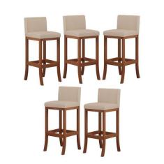 Imagem de Kit 5 Banquetas Média Encosto Estofado 38x90Cm Ilha Espanha Madeira Ma