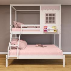 Imagem de Beliche Casinha Reta Casal/ Solteiro Madeira Maciça Branco/ Rosa Housi