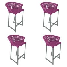 Imagem de Kit 4 Banquetas Reis Em Corda Náutica E Base Em Alumínio Cinza Para área Gourmet Externa Rosa Rosa