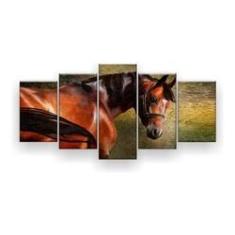 Imagem de Quadro Decorativo Pintura Cavalo Marrom P. 129x61 Kit 5 Pcs