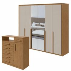 Imagem de Conjunto de Guarda-roupa 6 Portas com Espelho Imperatore com Cômoda Da Vinchi com Nicho Amêndoa Clean/off White