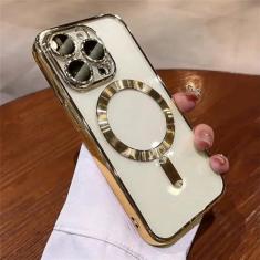Imagem de Capa protetora de lente completa de TPU macia revestida para iPhone 15 14 13 12 11 Pro Max Plus Capa transparente de carregamento magnético sem fio, dourada, para iPhone 12 Pro