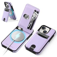 Imagem de SkyEagle Capa carteira compatível com iPhone 14 com suporte para cartão de crédito 【Compatível com Magsafe】 Mulheres Homens 【Bloqueio RFID】 Capa protetora de couro PU adequada para Apple 14, roxo