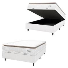 Imagem de Cama Box Baú Colchão Casal Molas Ensacadas City Pillow Top 138x188x64cm Linho Branco / Bege Hellen Branco/bg