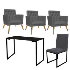 Imagem de Kit Escritório Stan 3 Poltronas Maria com Cadeira e Mesa Industrial Tampo Preto Suede Cinza - Ahz Móveis