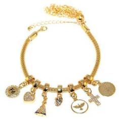 Imagem de Pulseira Berloques Religiosa Aparecida Cruz Fé Folheado