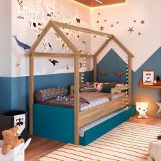 Imagem de Cama Infantojuvenil Casinha Com Auxiliar E 2 Colchões Aveiro Oak Azul Secreto Sonho Completa Mó