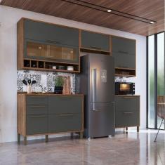 Imagem de Armário de Cozinha Completo 5 Peças 100% MDF 8 Portas com Vidros Reflecta Helena Espresso Móveis Castanho/Cinza