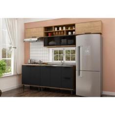 Imagem de Cozinha Modulada Toscana em Mdf 5 Peças com Aereo 1200 Porta de Vidro e Aereo Geladeira Freijó/nero