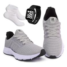 Imagem de KIT TENIS FEMININO ACADEMIA + RELÓGIO DIGITAL LED + MEIA (Cinza/Branco, BR, Adulto, Numérico, 39)