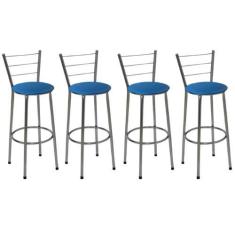 Imagem de Kit 4 Banquetas Altas Cromada com Encosto Assento Azul - Jaddi