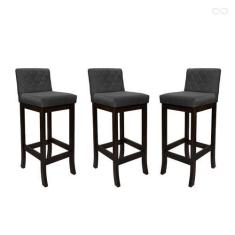 Imagem de Kit 3 Banquetas Média com Encosto Matelassê Tóquio Madeira Maciça Sued