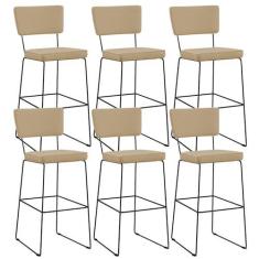 Imagem de Kit 06 Banquetas Alta Cozinha Sala De Jantar Base Aço Fixa Allana L02 Linho Bege Escuro - Lyam Decor