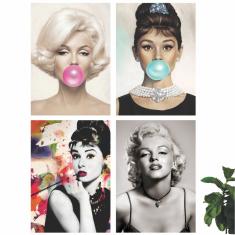Imagem de Kit 4 Quadros Decor Audrey Marilyn Chiclete 30x22cm