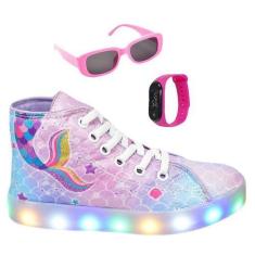 Imagem de Tênis Botinha Infantil Led Feminino Sereia Casual +Óculos+Relógio - AR