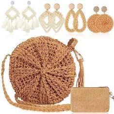 Imagem de Sweetude Bolsa clutch de palha para mulheres, conjunto de brincos de vime, verão, praia, bolsa de palha, boho, carteira de tecido para férias, Cor da palha, One Size